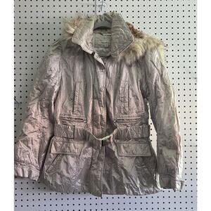 Laundry by Design Women's XL Quilted Puffer Jacket Belted Faux Fur Hood Beige